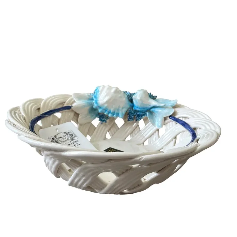 Ceramiche D’arte Handmade In Italy Basket Weave Bowl with Sea Creatures 11in NEW